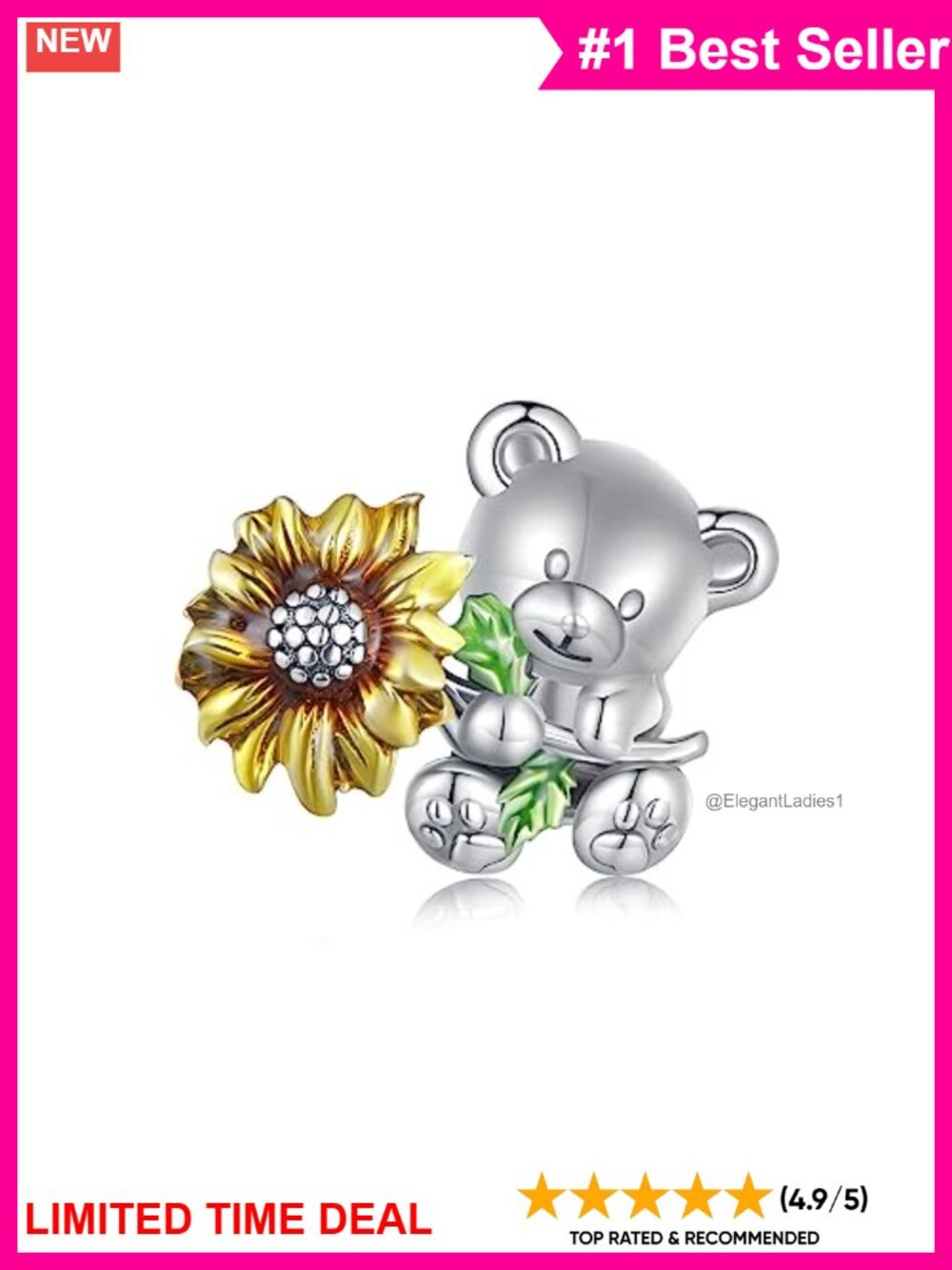 Gold-plated 925 Sterling Silver Bear Sunflower Charm for Bracelet Necklace
